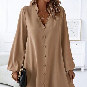 Khaki Casual Women's Notched Neckline Lantern Sleeve Dress